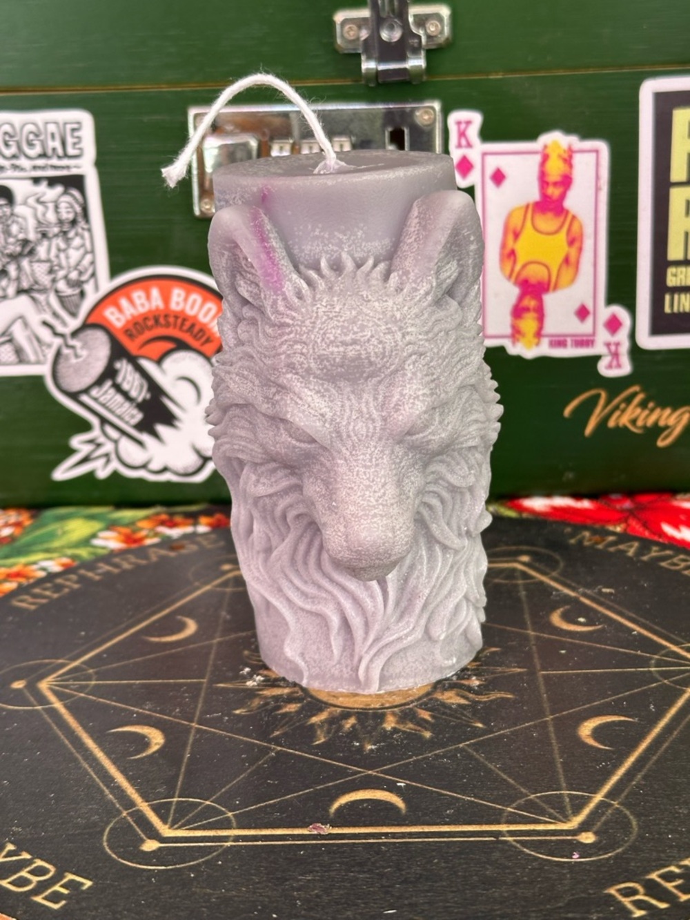 Mystic Wolf Pillar Candle – Lavender Grey Wolf Totem Candle – Handmade Gothic